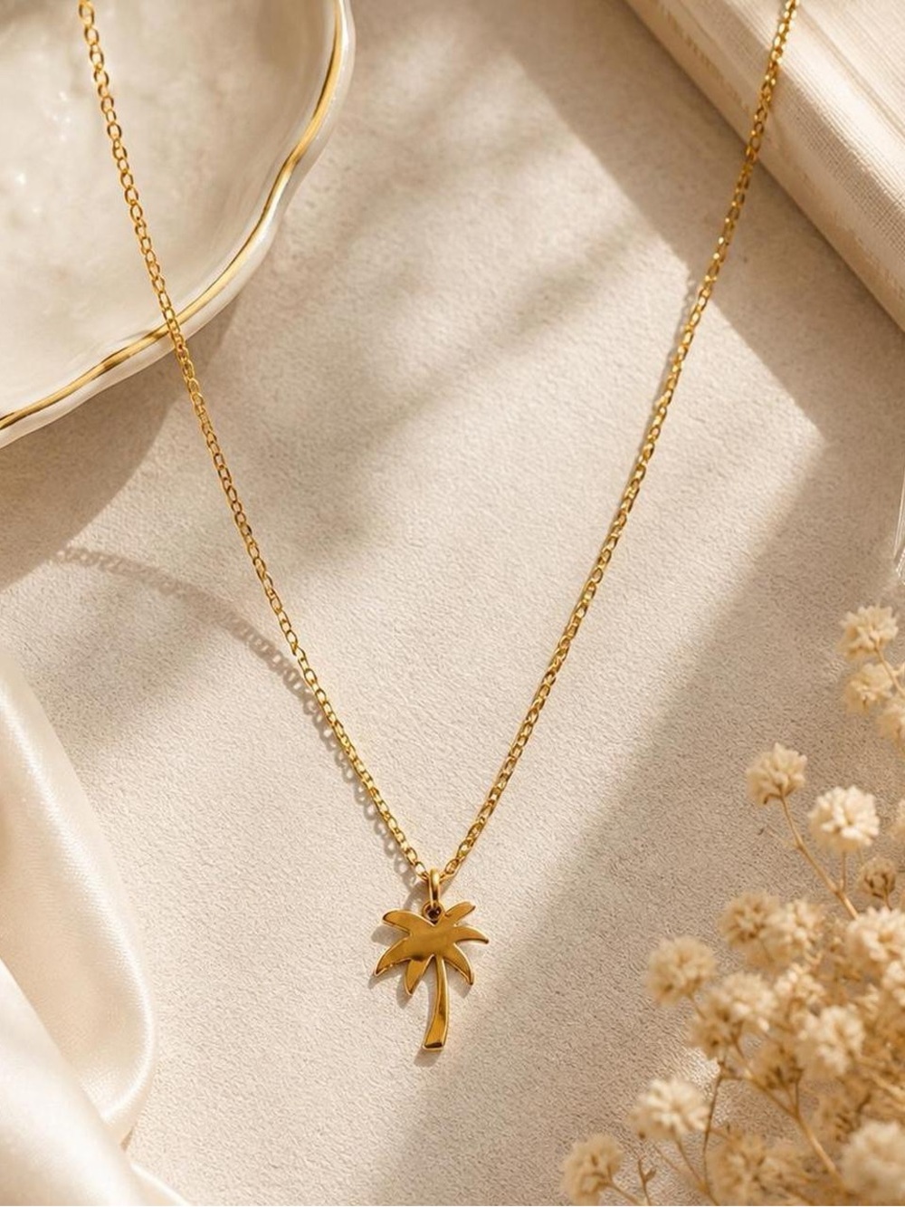 Gold Tone Palm Tree Pendant Necklace Tropical Minimalist Jewelry